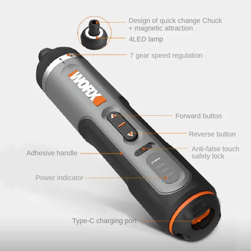 Worx 4V Mini Cordless Electric Screwdriver Set - Rechargeable, 30 Bits
