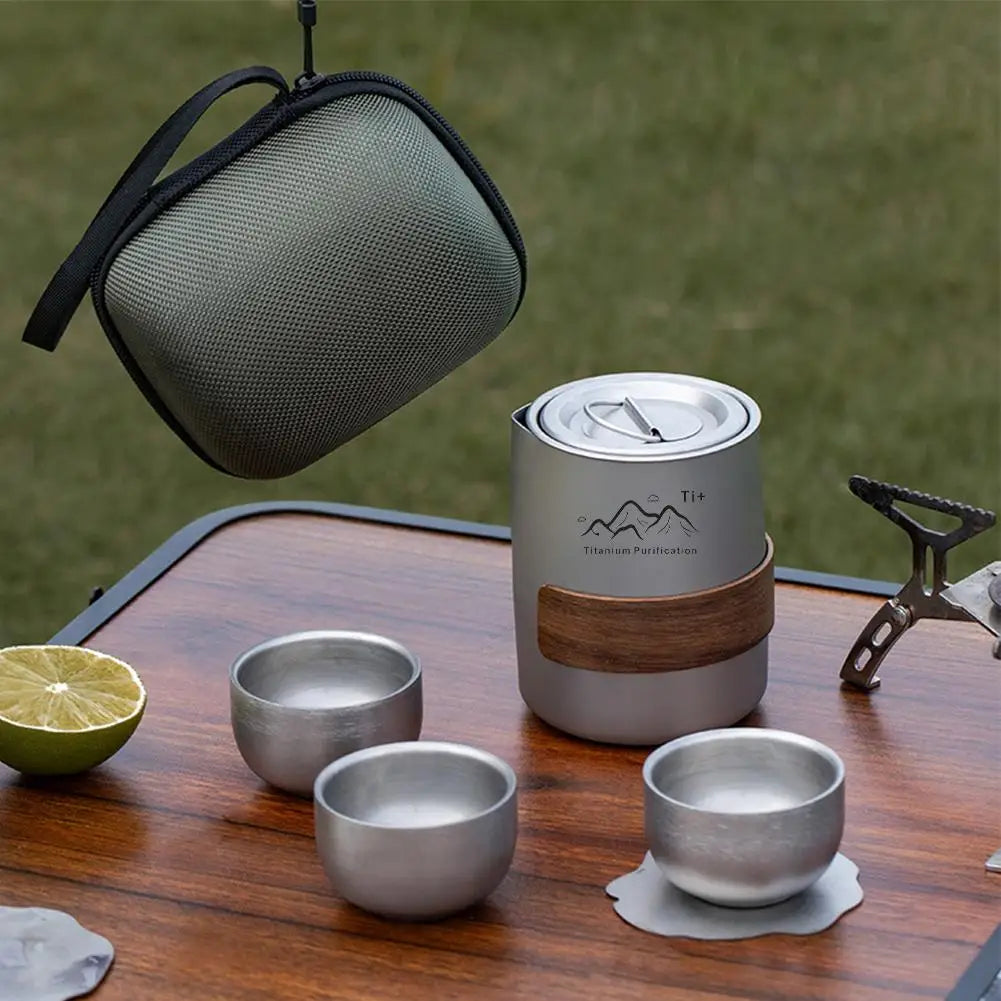 Lightweight Titanium Camping Tea Set with 3 Cups & Storage Bag