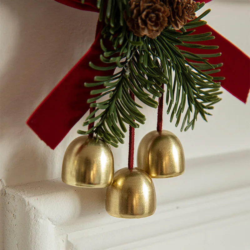 Festive Christmas Jingle Bells Door Hanger with Velvet Bow & Pine Cones