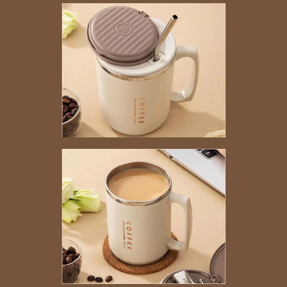 Double Wall Insulated Coffee Mug with Spoon - 304 Stainless Steel