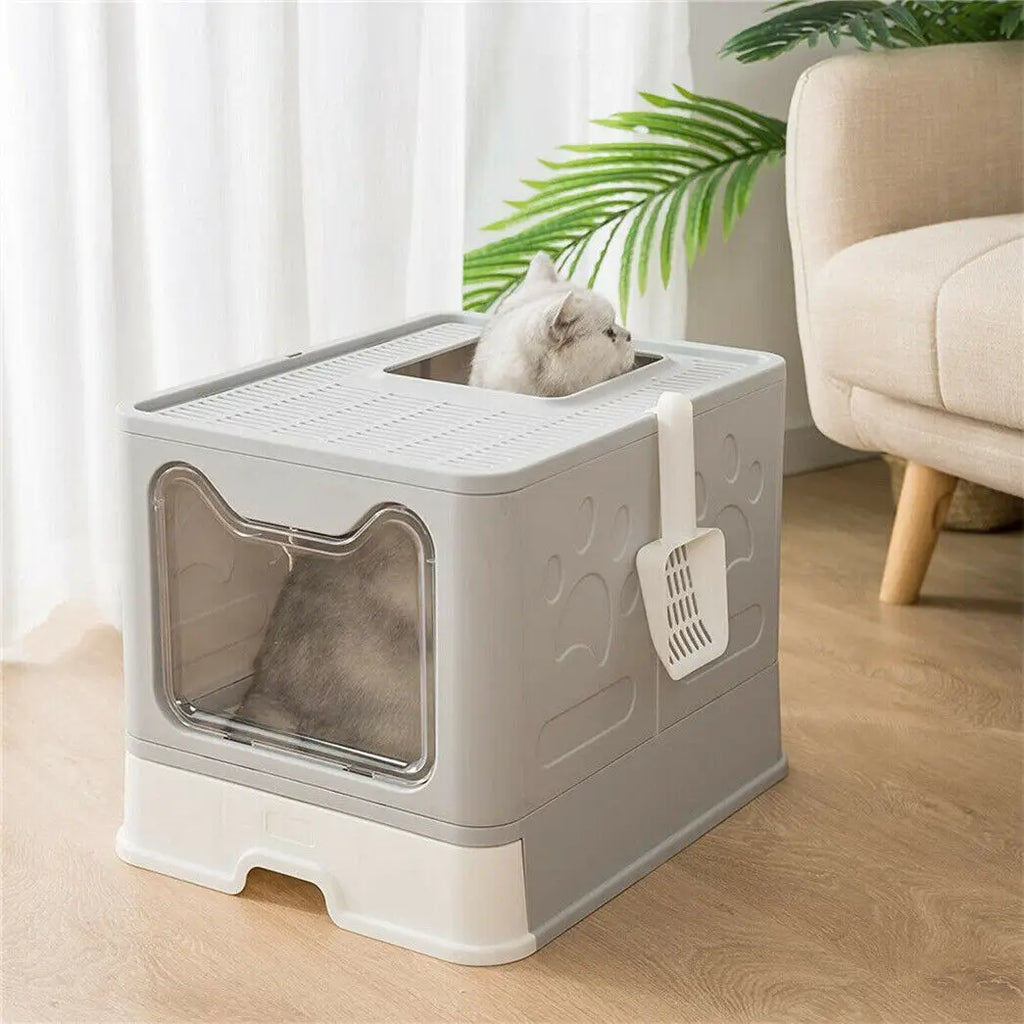 Extra Large Foldable Hooded Cat Litter Tray with Scoop - Easy Clean