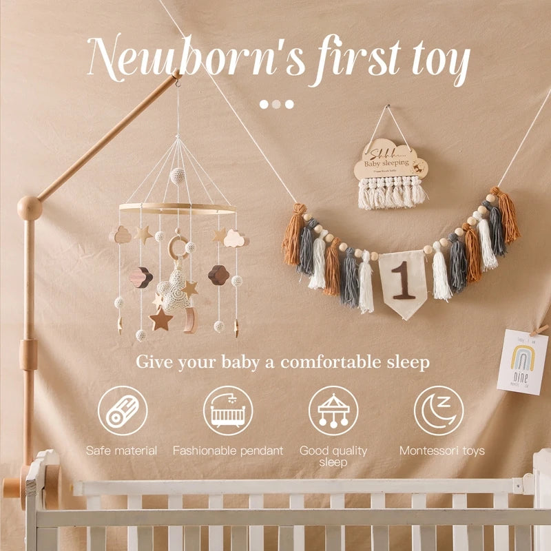 Wooden Baby Crib Mobile with Musical Rattle - Perfect Infant Toy
