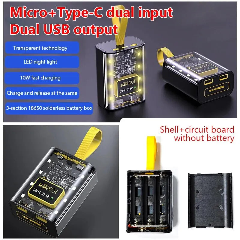 DIY 3x18650 Power Bank Case with Dual USB Charge & LED Night Light