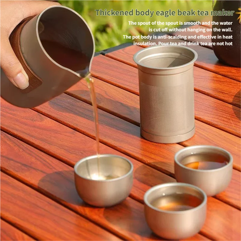 Portable Titanium Travel Tea Set with Insulated Cups & Strainer