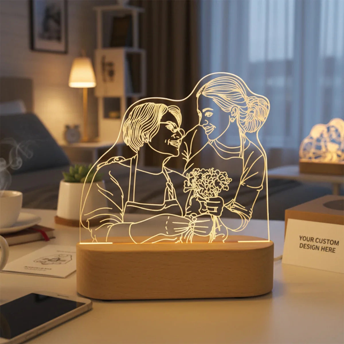 Customizable 3D Photo Lamp with Elegant Wooden Base - Personalized Gift