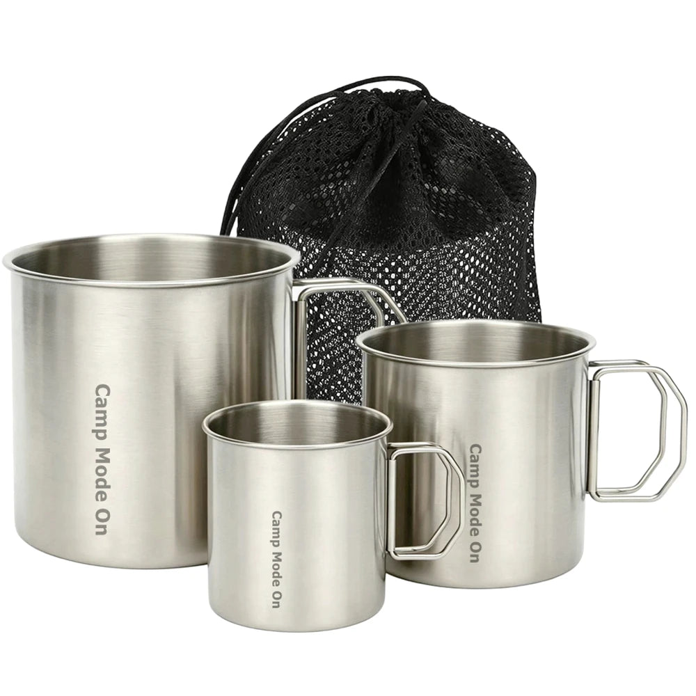 Lightweight Stainless Steel Camping Mug Set - 3 Stackable Cups with Mesh Bag