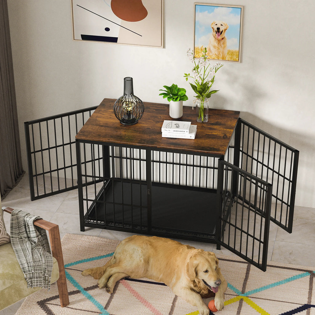 Elevated Wooden Dog Crate & End Table with Removable Tray - Stylish Kennel