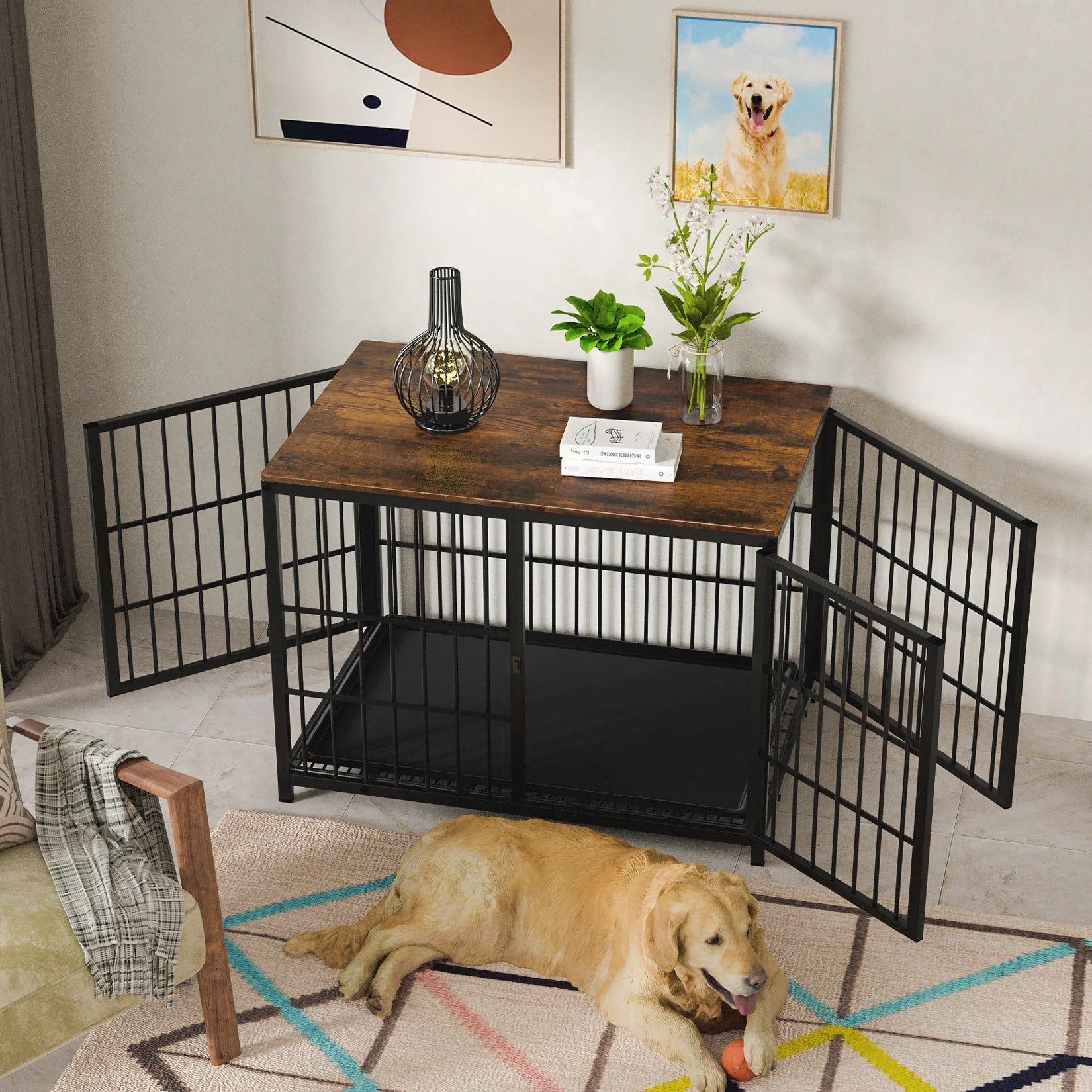 Elevated Wooden Dog Crate & End Table with Removable Tray - Stylish Kennel