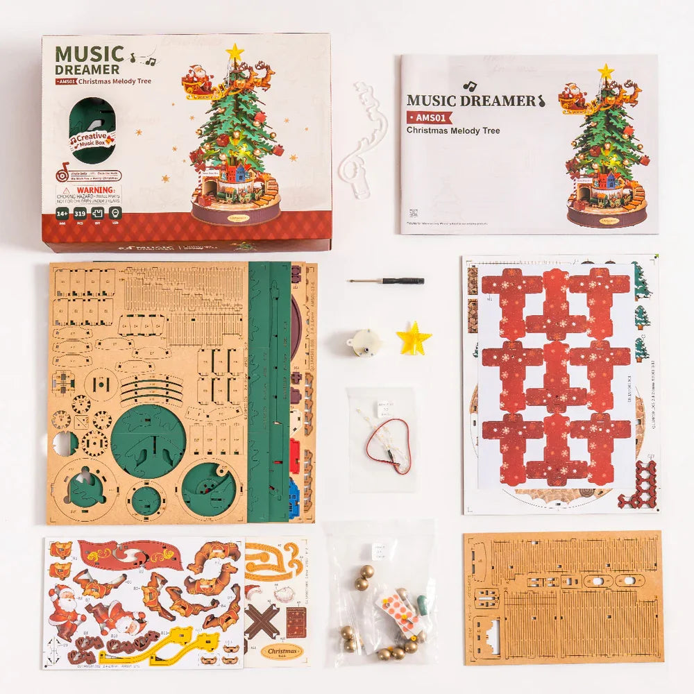 Robotime 3D Christmas Melody Tree Music Box – DIY Wood Puzzle with Light
