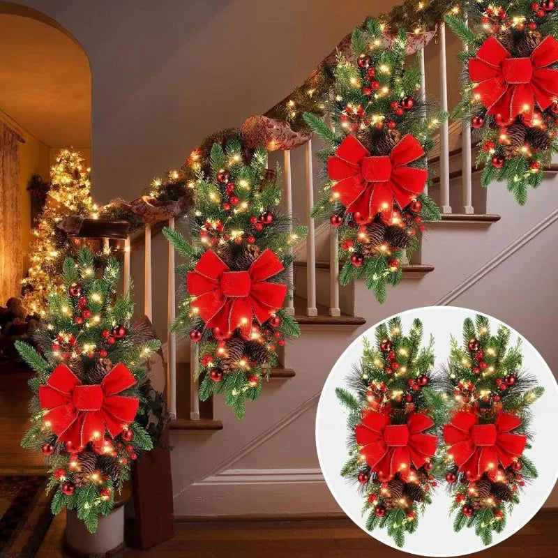 Elegant Christmas Staircase Wreath with Decorative Bow - Holiday Decor