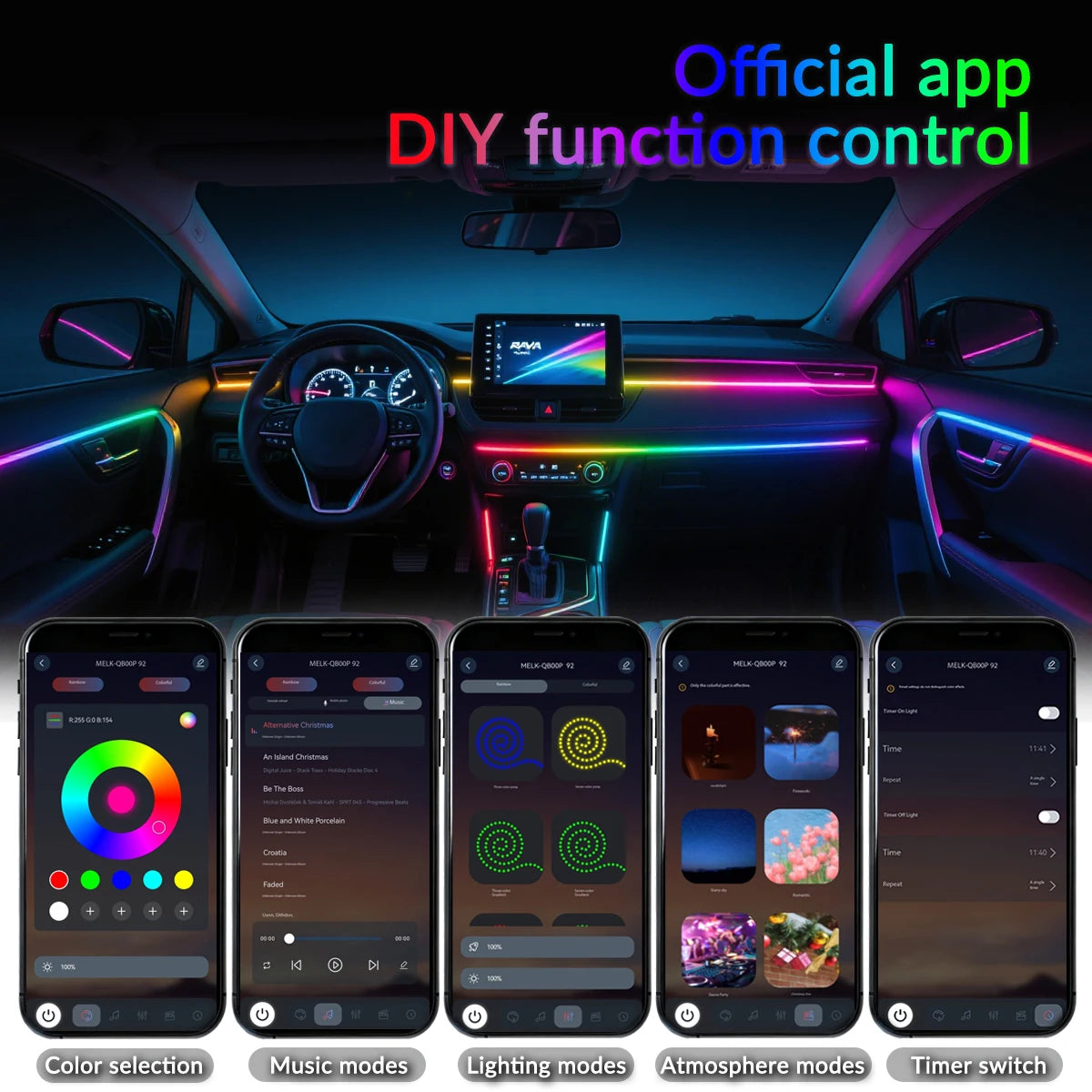 App-Controlled RGB LED Strip Lights for Car Interiors