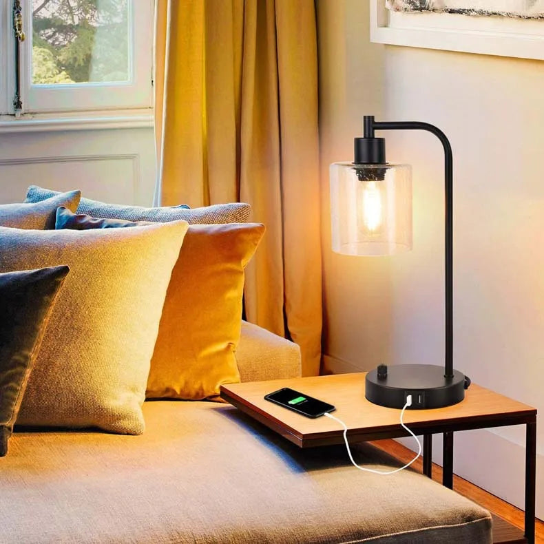 Modern Industrial Glass Table Lamp with USB Charging - Dimmable Night Light