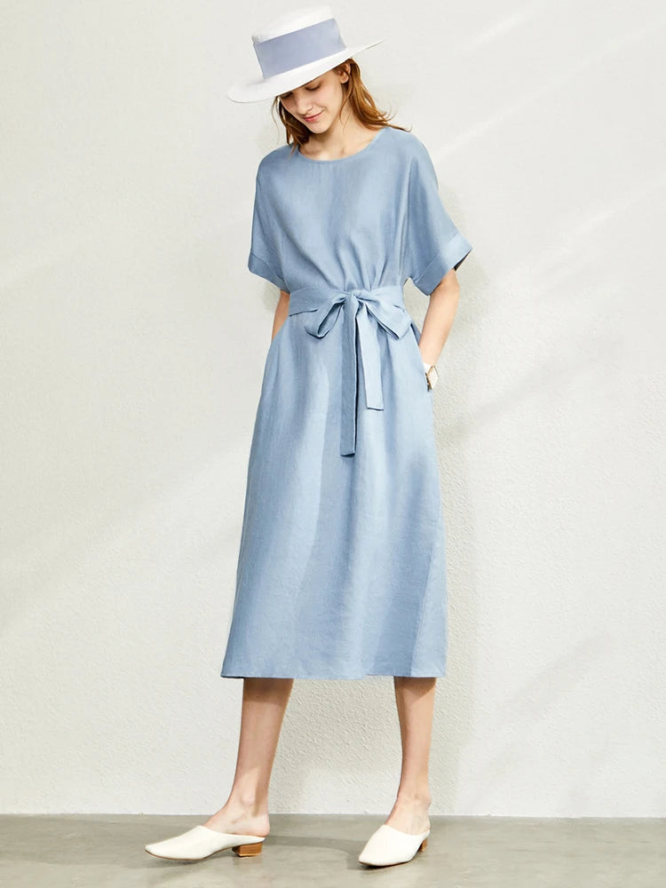 AMII Women's Elegant Linen Summer Dress - Artistic O-Neck A-Line Style