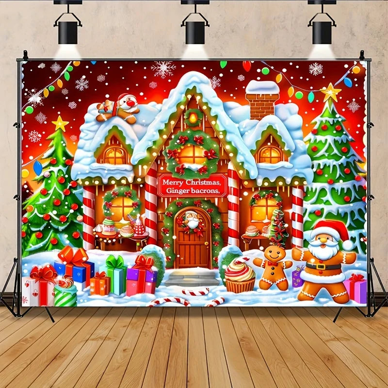 Enchanting Christmas Background Cloth with Cookie Statues & Tree