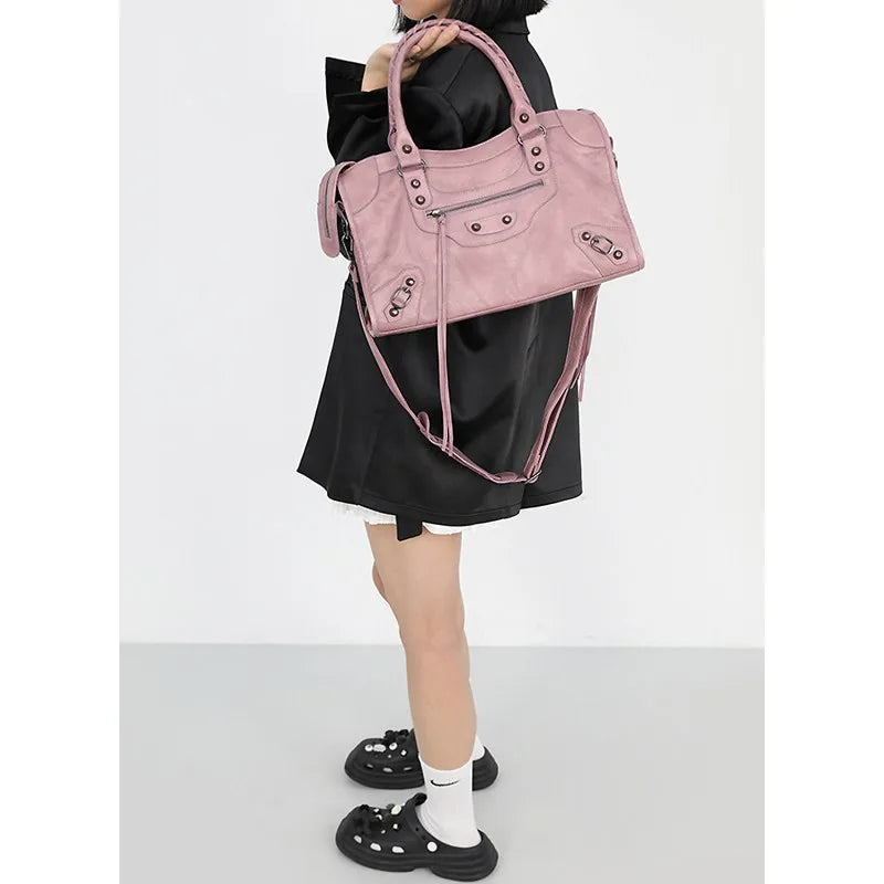 Y2K Vintage Dusty Pink Motorcycle Style Crossbody Bag for Women