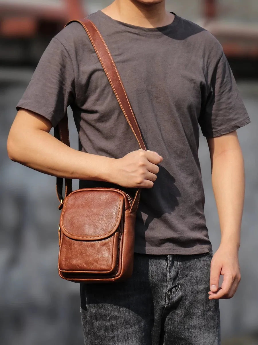 Top Grain Leather Sling Bag for Men - Vintage Crossbody Phone Carrier