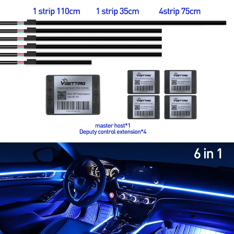 RGB LED Car Ambient Lights - 64 Color Customizable Symphony Lamp