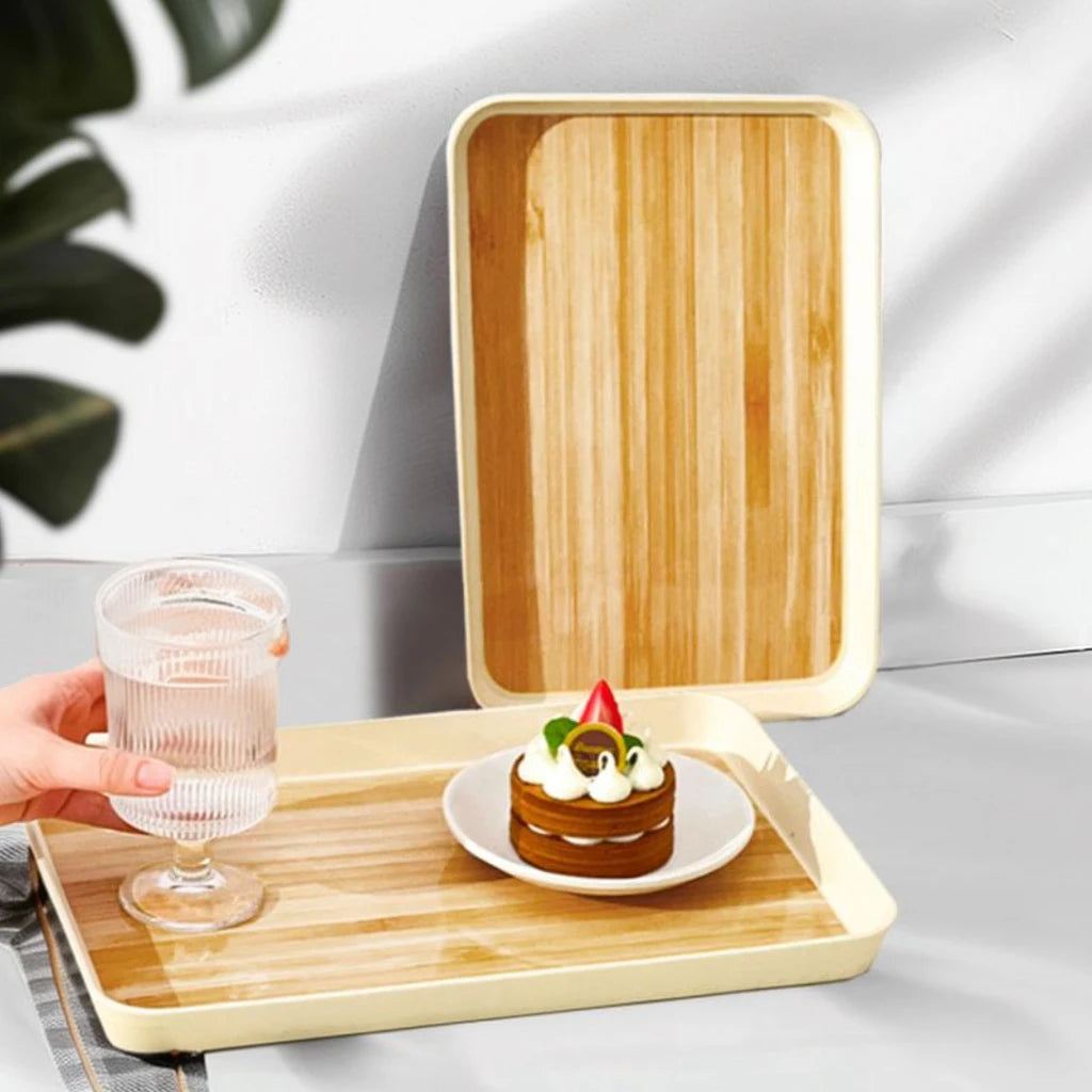 Eco-Friendly Wood Grain Plastic Serving Tray | Multi-Functional Organizer