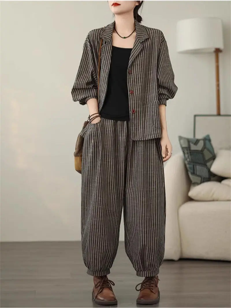 Stylish Women's Cotton Linen Stripe Suit Set - Casual Wide Leg Pants