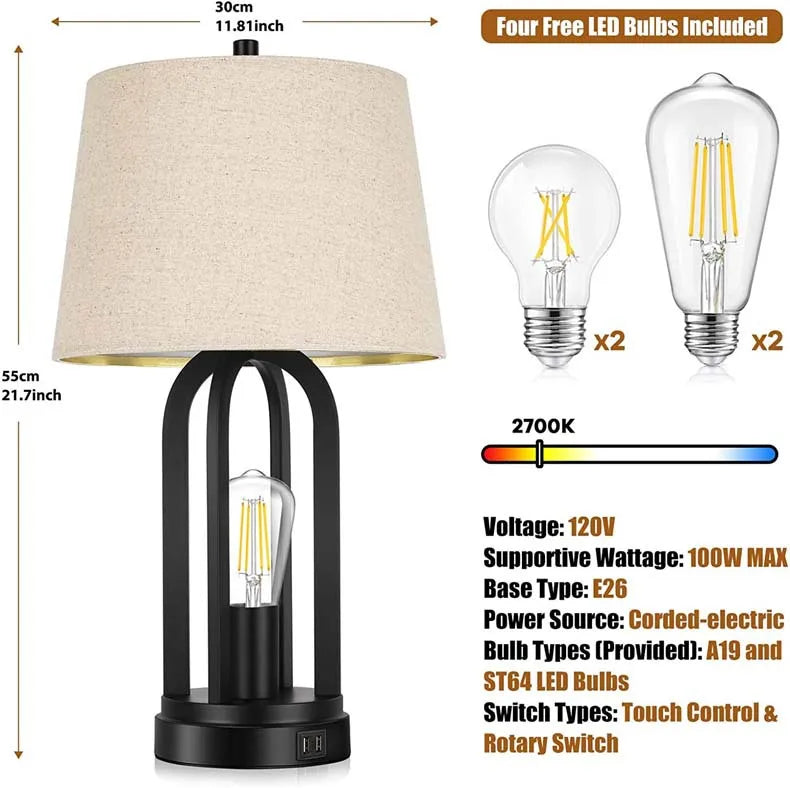 Modern Fabric Shade Table Lamp with USB Charging & Touch Switch