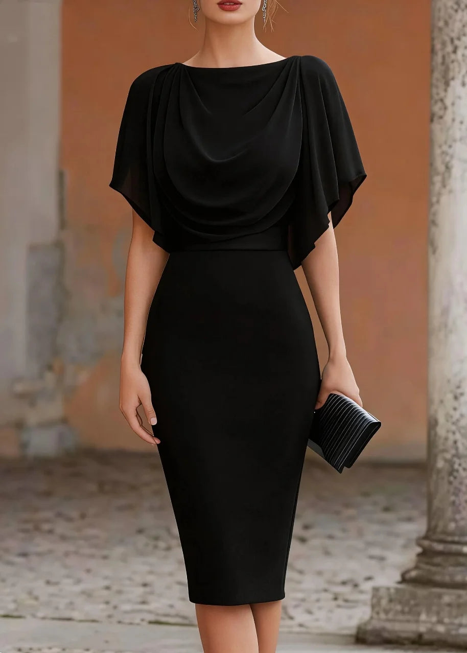 Elegant Women's Midi Dress with Cowl Neck & Draped Cape - Perfect for Parties