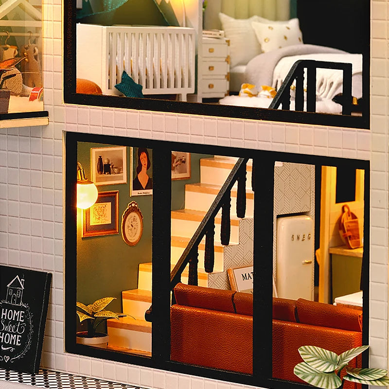 3D Wooden Mini Dollhouse Kit - DIY Duplex Apartment with Furniture