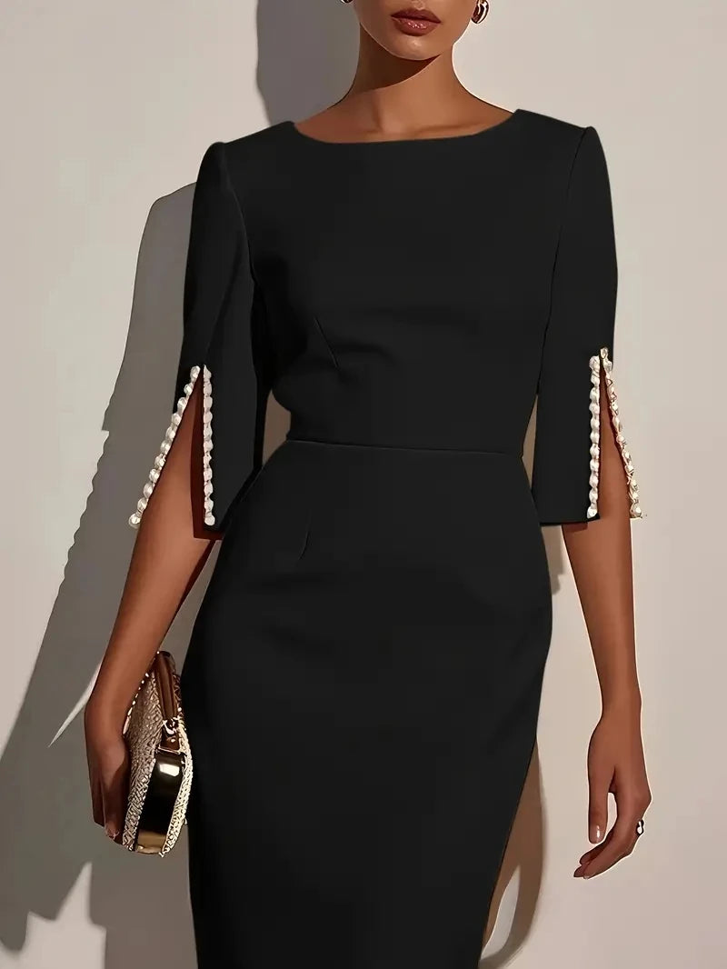 Elegant Women's Solid Color Midi Dress with Pearl Embellishments