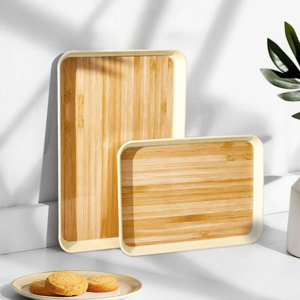 Eco-Friendly Wood Grain Plastic Serving Tray | Multi-Functional Organizer