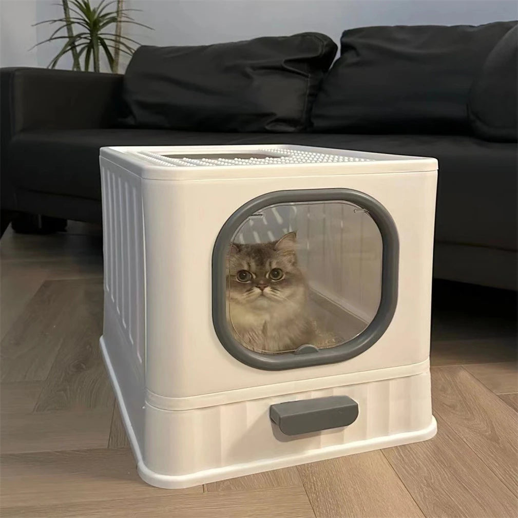 Leak-Proof Cat Litter Box with Pull Drawer & Scoop - Anti-Splash Design