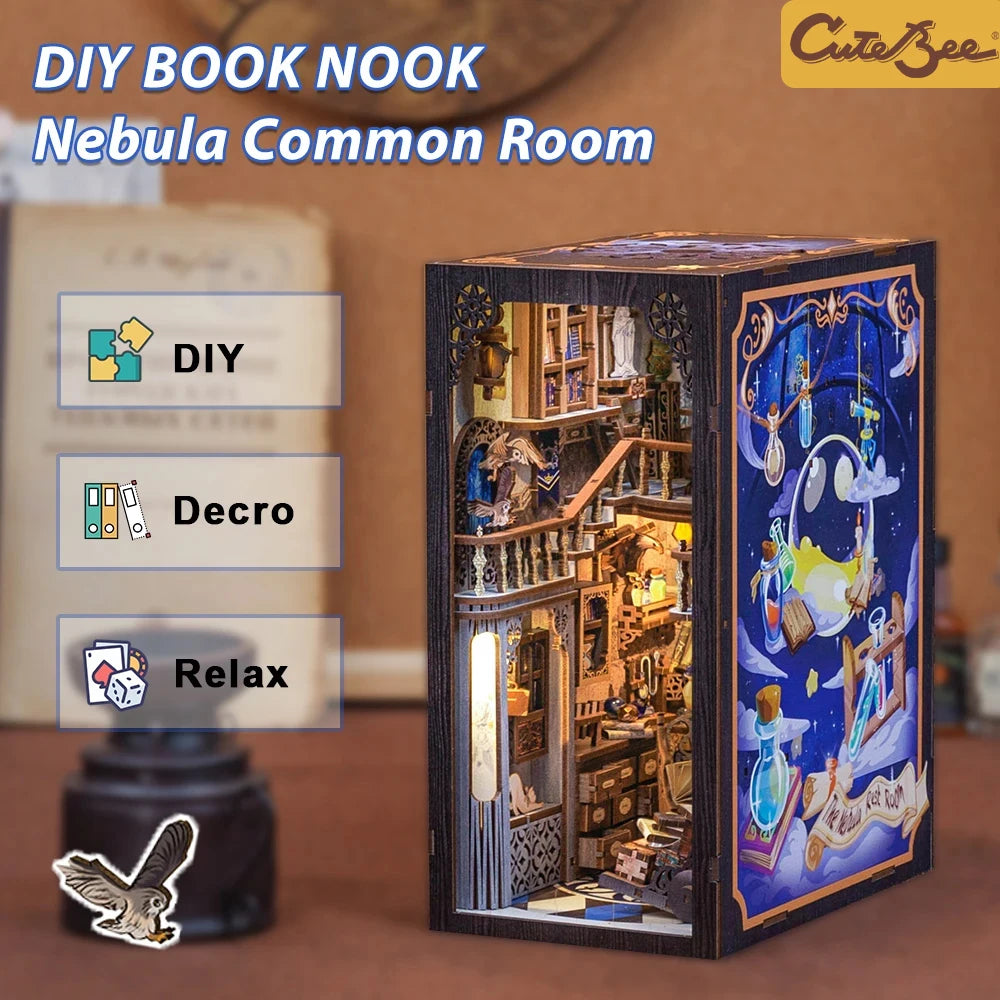 CUTEBEE LED Book Nook Dollhouse Kit with Dust Cover for DIY Enthusiasts