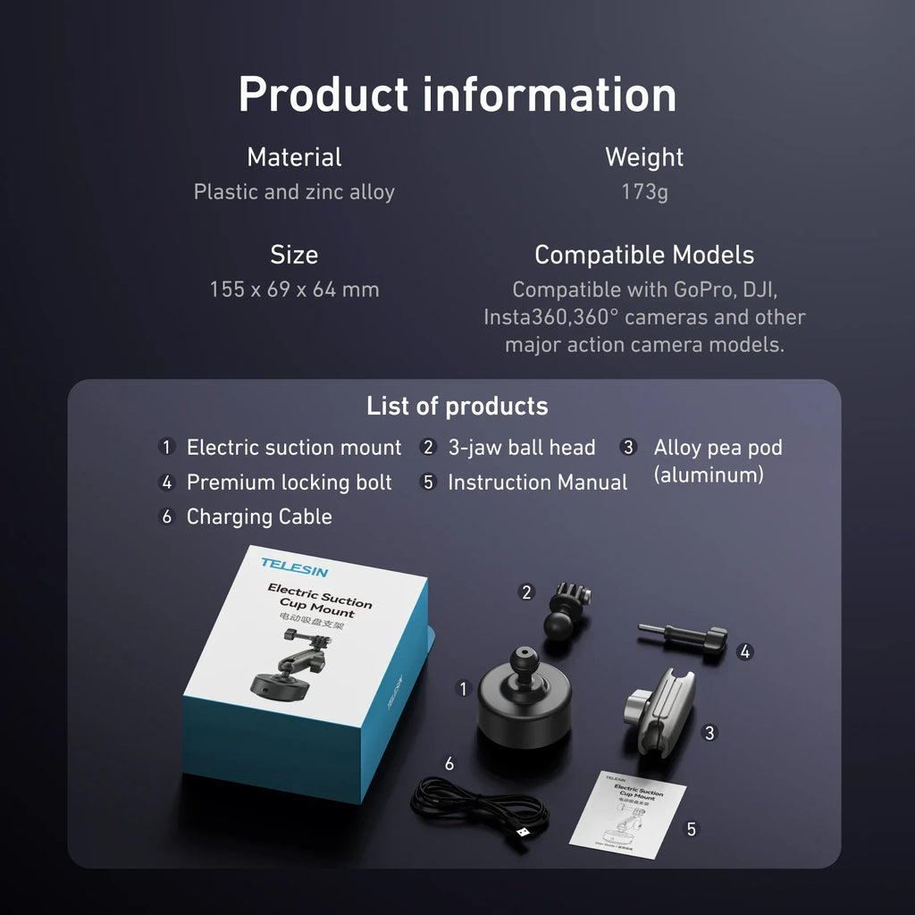 TELESIN 360° Electric Suction Cup Mount for Action Cameras
