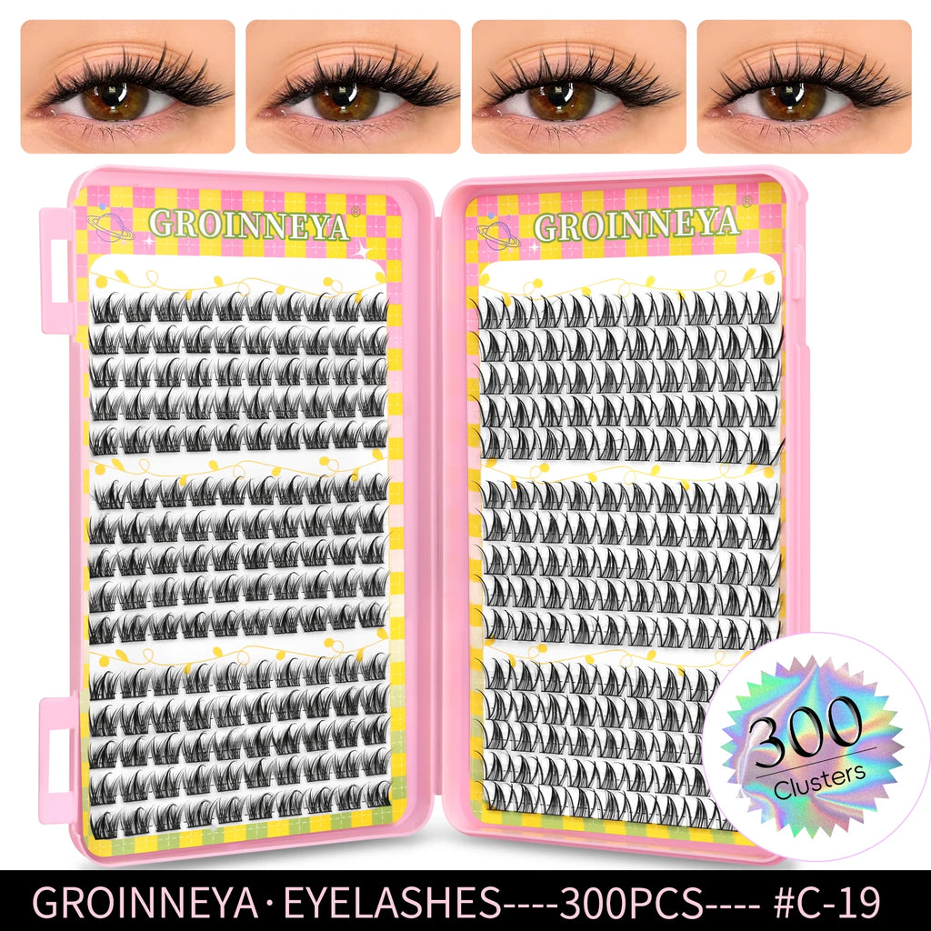 GROINNEYA Natural Cluster Lashes - 320 Pcs Volume Mixed Tray