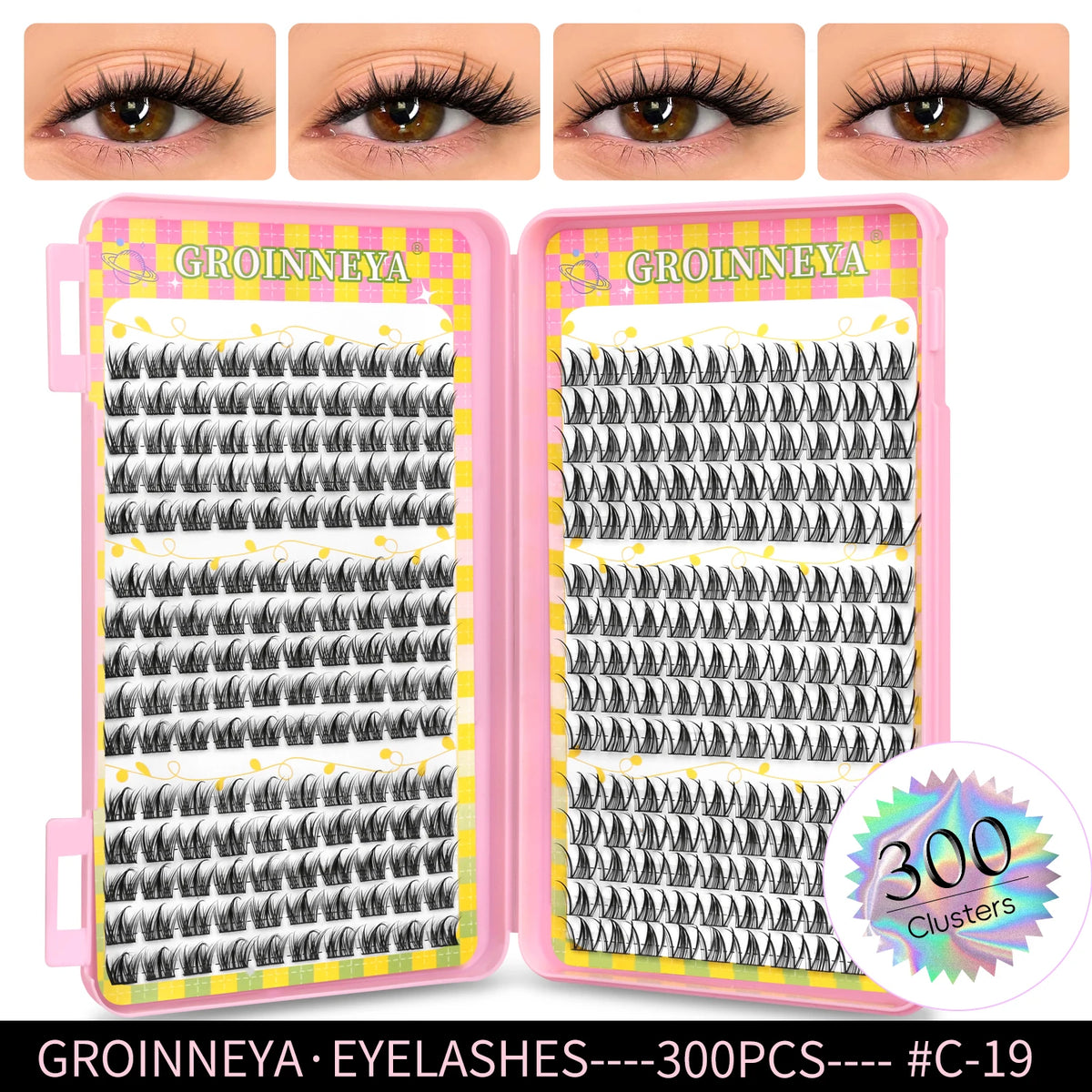 GROINNEYA Natural Cluster Lashes - 320 Pcs Volume Mixed Tray