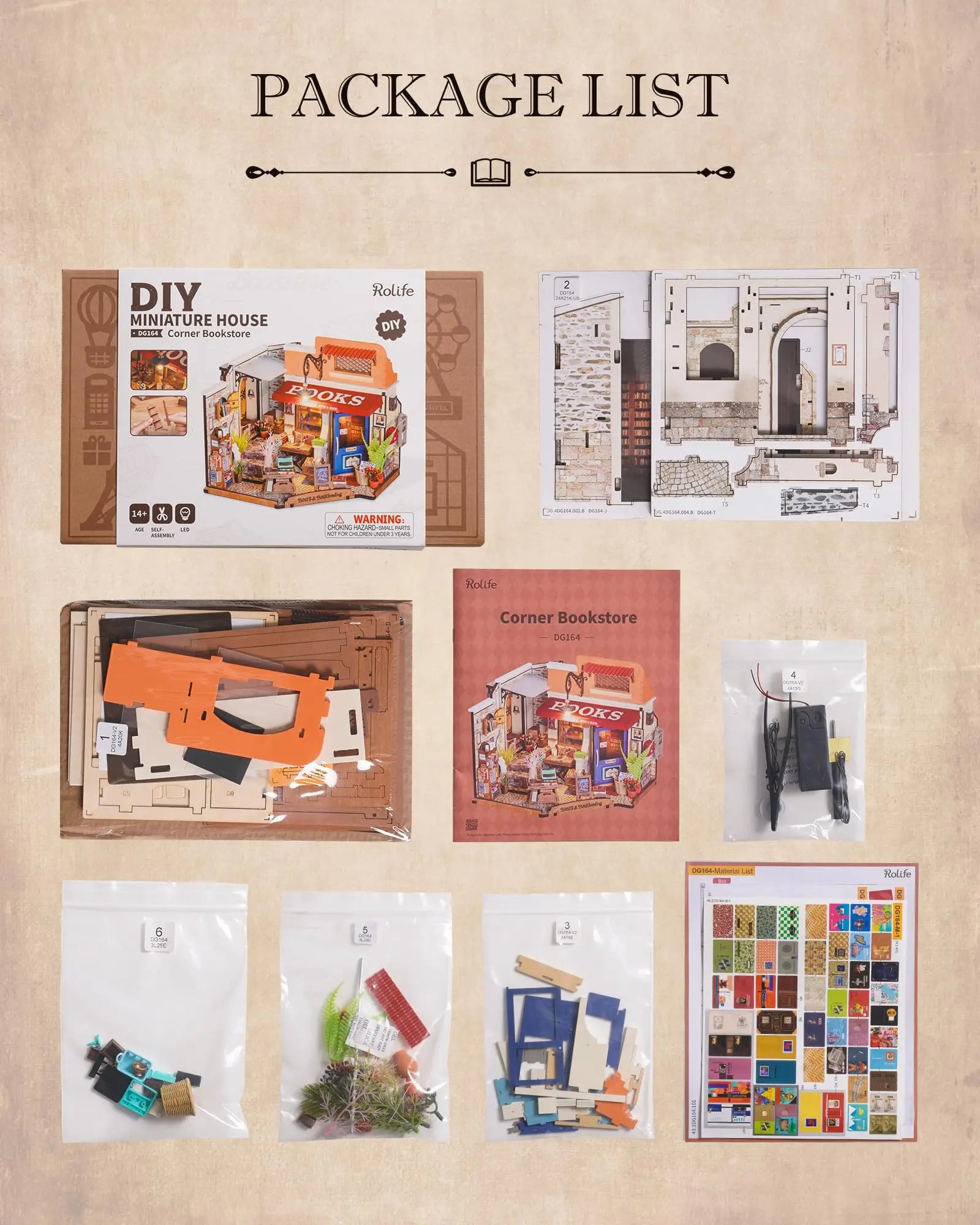 Robotime Rolife Miniature Corner Bookstore DIY Kit with LED Lights