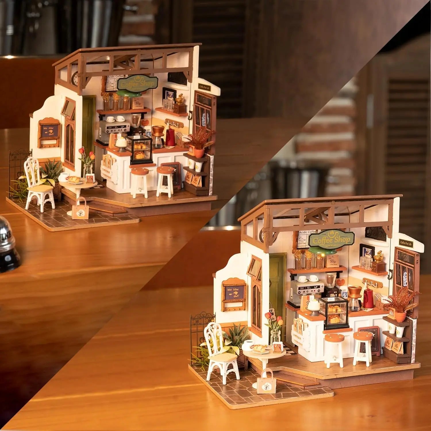 Robotime DIY Wooden Dollhouse Set - LED Coffee Model Kit for All Ages