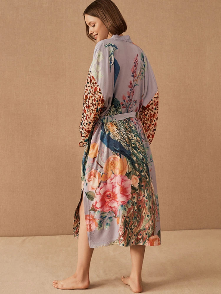 Stylish Peacock Printed Beach Kimono - Women's Swimsuit Cover Up
