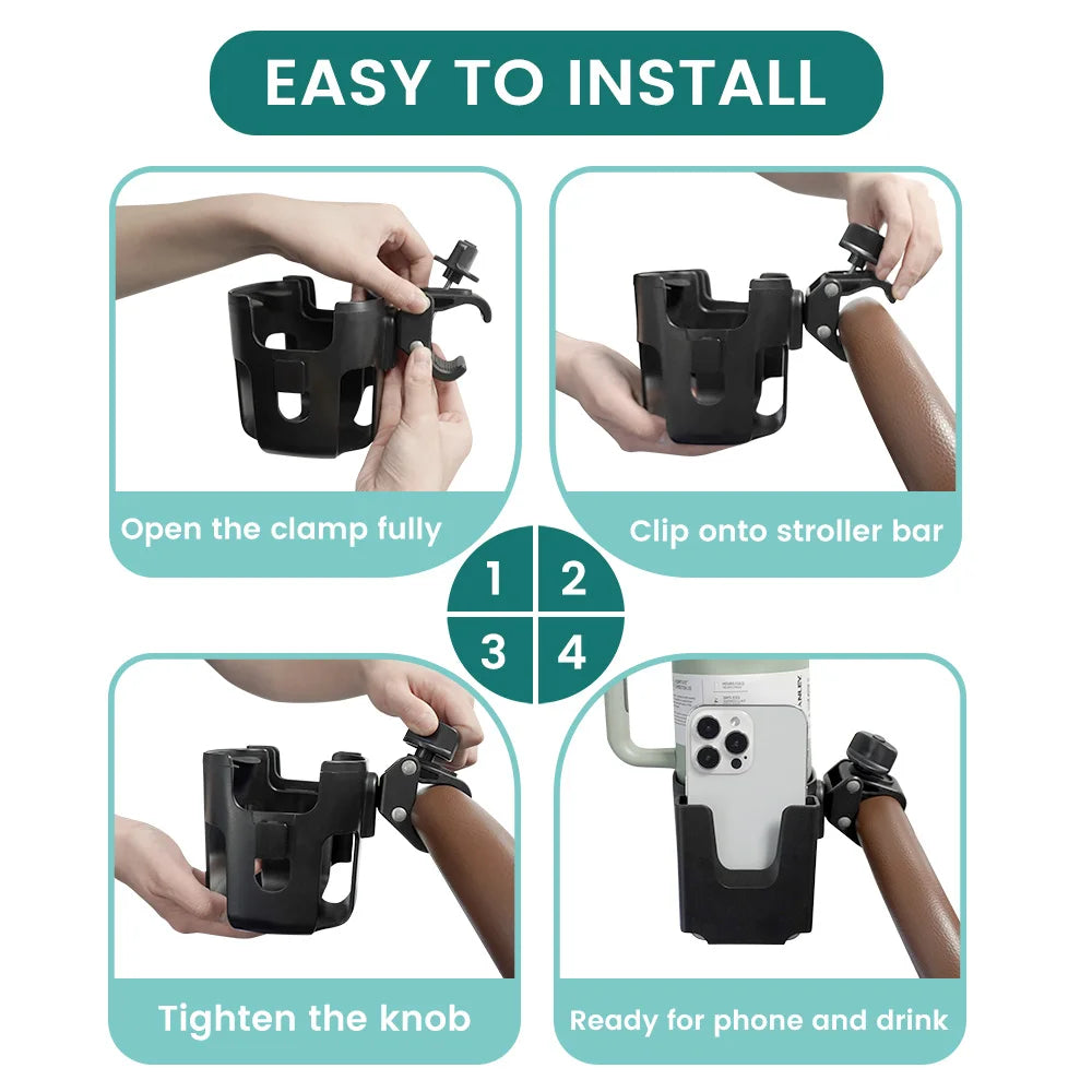 Universal Stroller & Bike Cup Holder with Phone Mount - 360° Rotatable