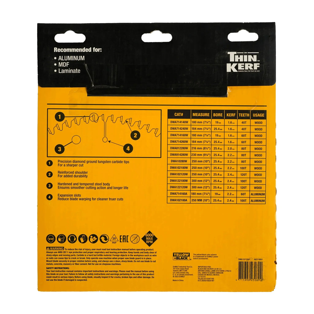 DEWALT Carbide Tipped Saw Blade 250mm for Aluminium Precision Cutting