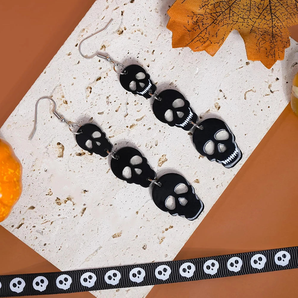 Acrylic Skull & Bat Dangle Earrings for Halloween Parties