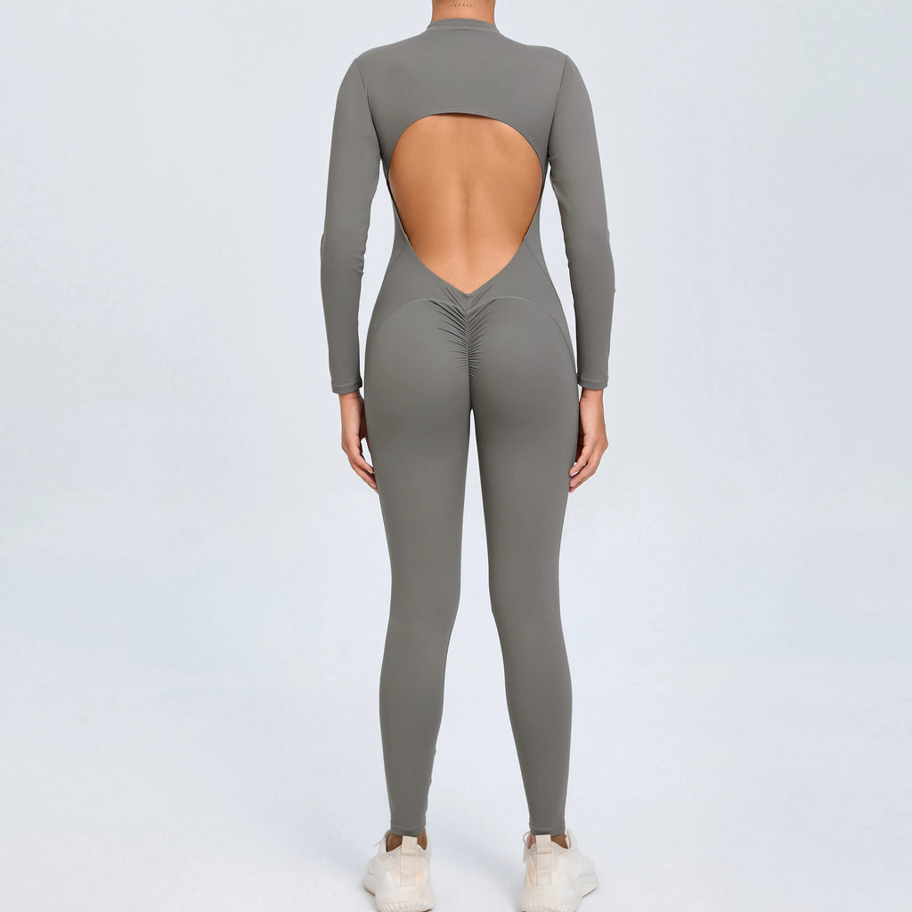 Stylish Women's Yoga Jumpsuit - Long Sleeve & Backless Design