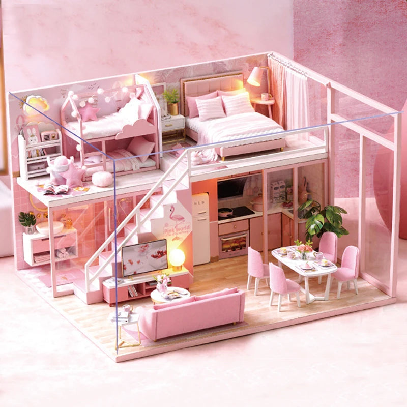 3D Wooden Mini Dollhouse Kit - DIY Duplex Apartment with Furniture