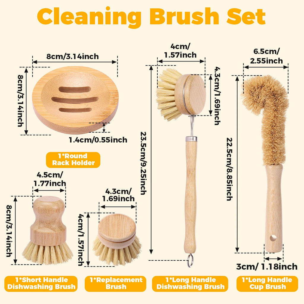 Eco-Friendly Bamboo Dish Brush Set - Versatile Long Handle Cleaning Tool