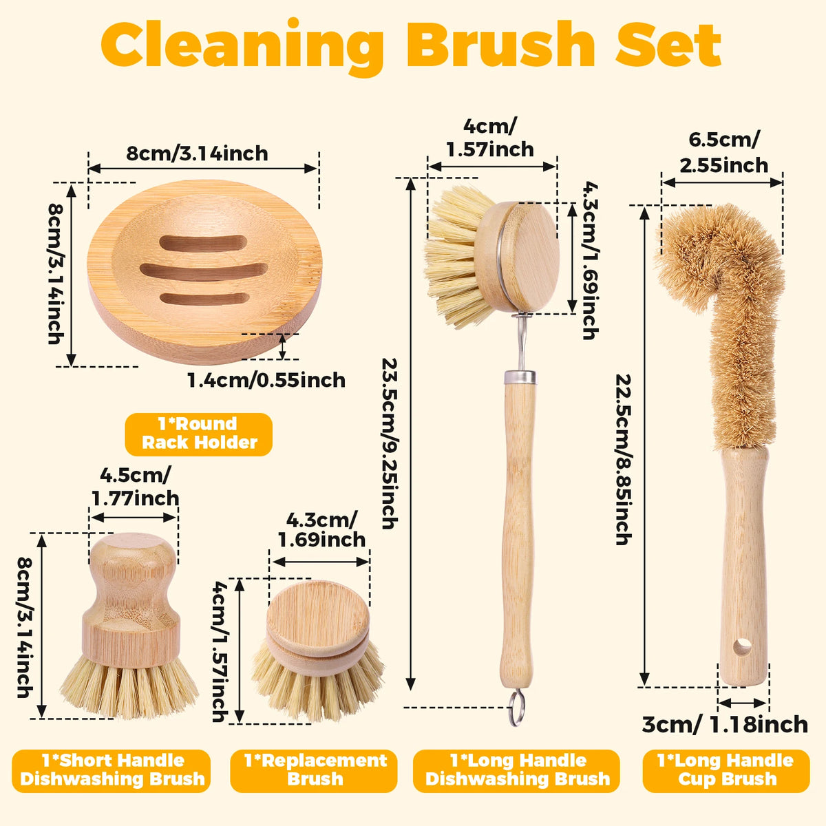 Eco-Friendly Bamboo Dish Brush Set - Versatile Long Handle Cleaning Tool
