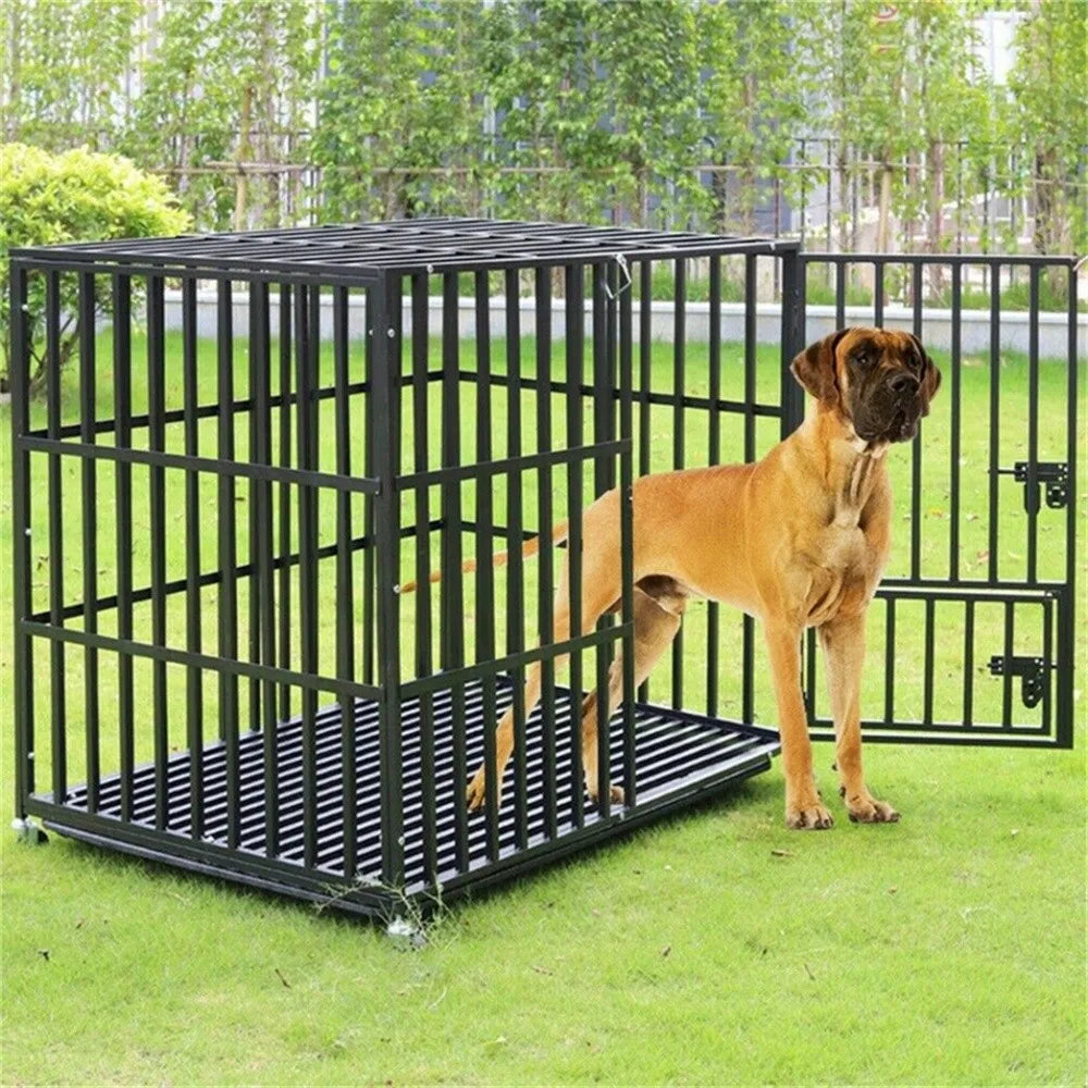 Heavy Duty Dog Crate with Lockable Wheels & Easy Clean Tray