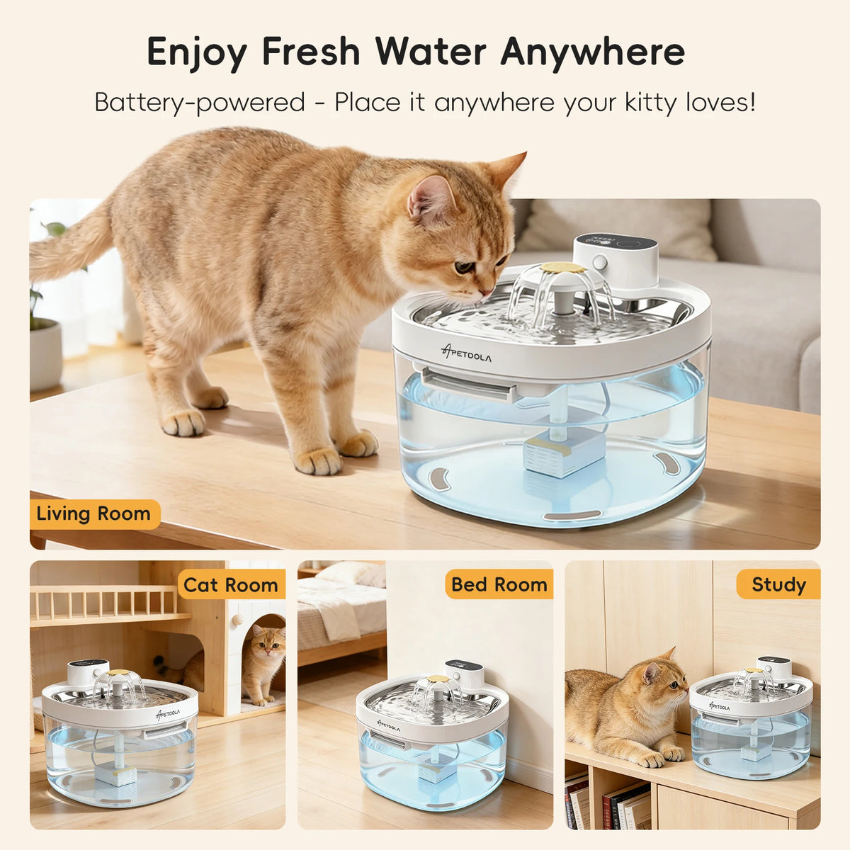 Wireless Pet Water Fountain - Battery Operated & Auto Sensor 2.6L