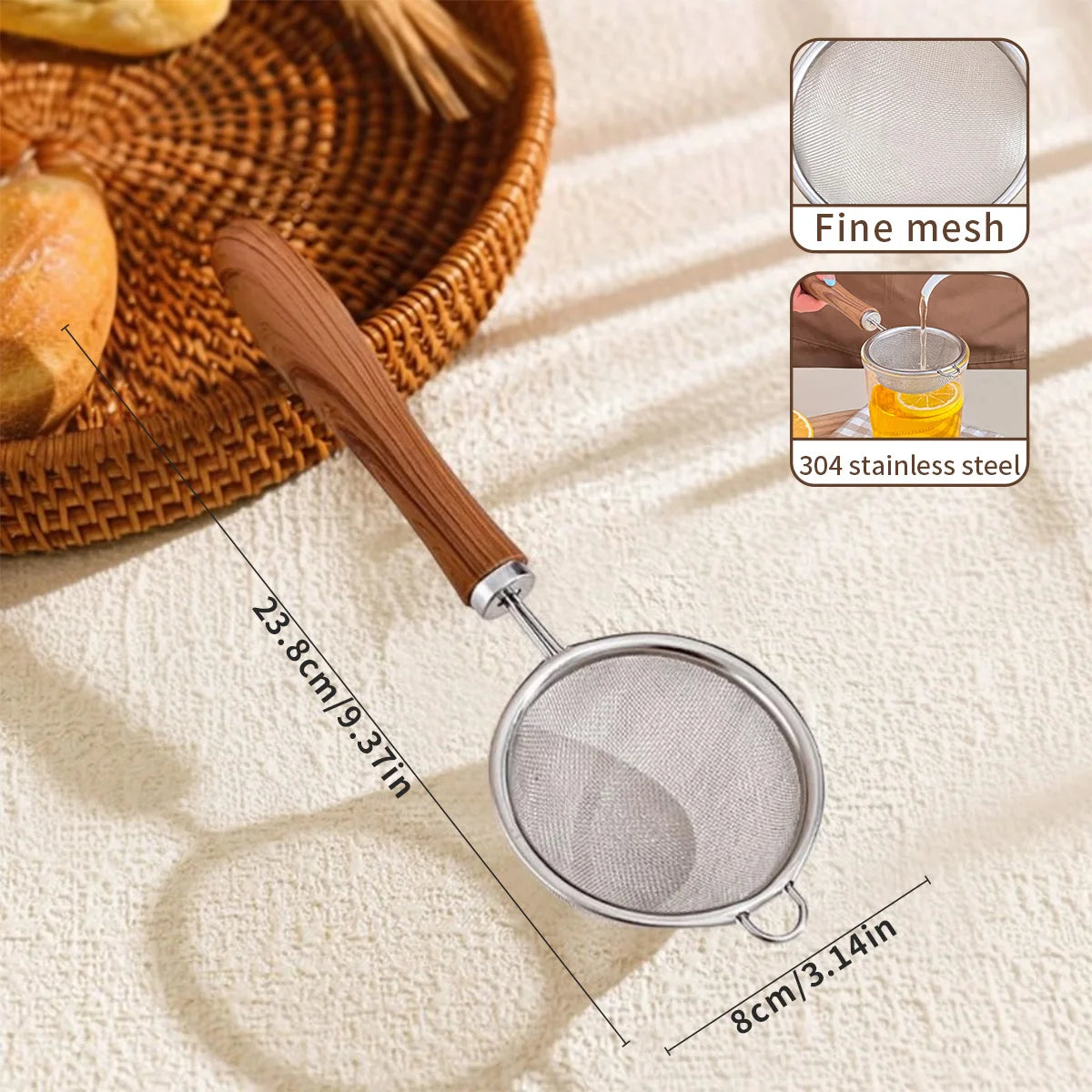 Stainless Steel Flour Sieve with Wooden Handle - Kitchen Strainer