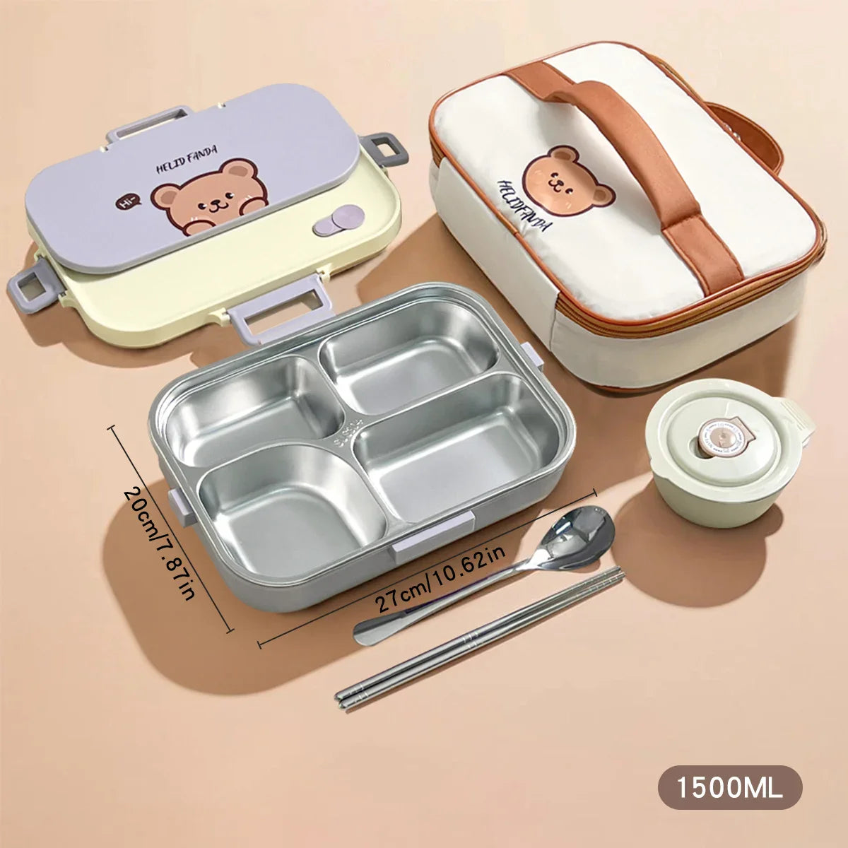 WORTHBUY Portable 4-Grid Stainless Steel Lunch Box with Utensils
