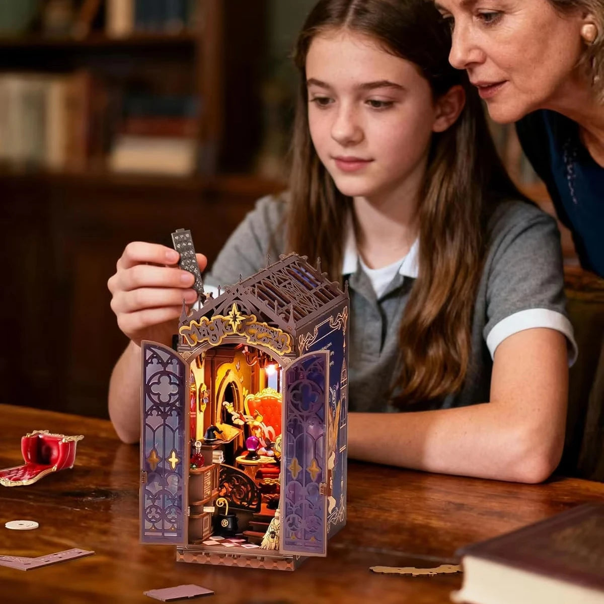 DIY 3D Wooden Book Nook Puzzle Kit with Lights for Creative Crafting