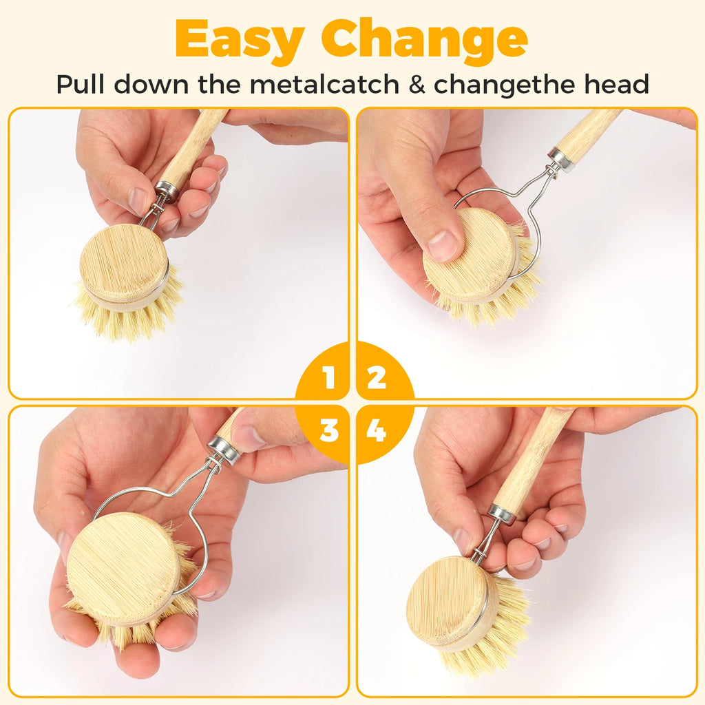 Eco-Friendly Bamboo Dish Brush Set - Versatile Long Handle Cleaning Tool