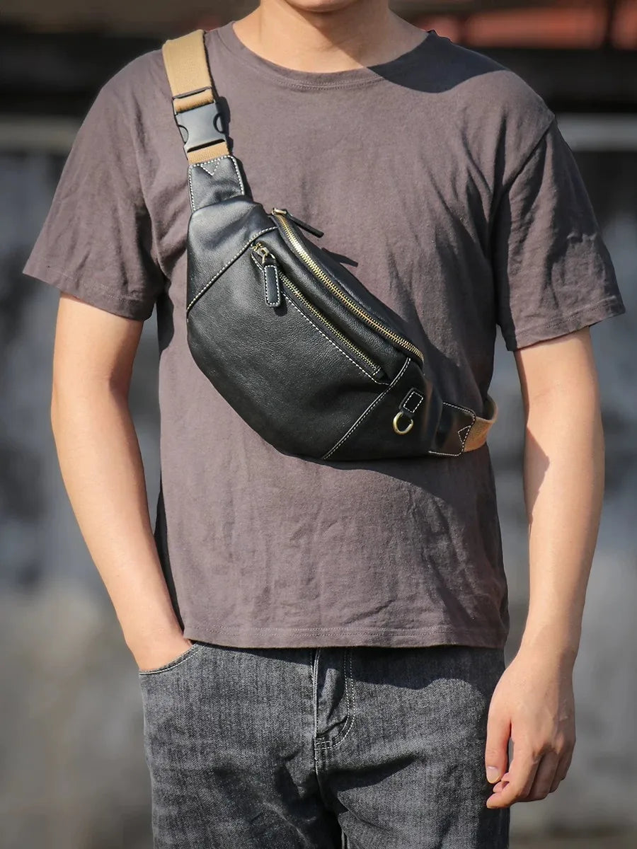 Trendy Top Grain Leather Crossbody Chest Pack for Men & Women